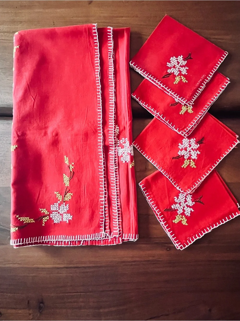 Vintage Tablecloth and 4 Napkin Set 33”Square Red Embroidered Flowers MCM